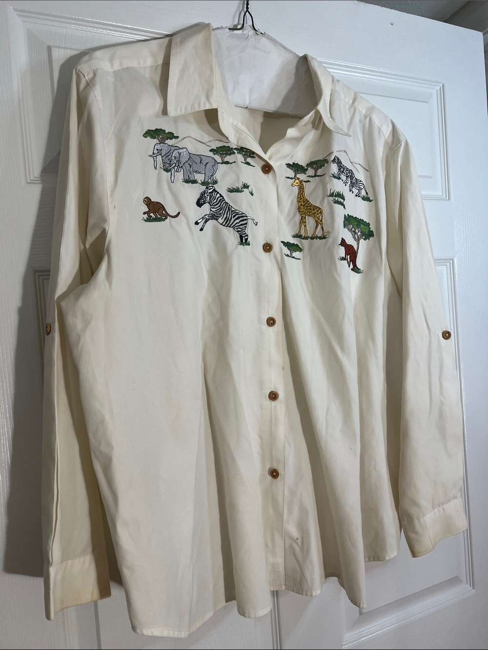 Alfred Dunner Cream Button-Down Shirt with Safari Animal Embroidery